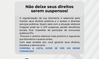 RELAÇÃO DOS ELEITORES QUE ENCONTRAM-SE COM A SITUAÇÃO ELEITORAL IRREGULAR (SEM BIOMETRIA).