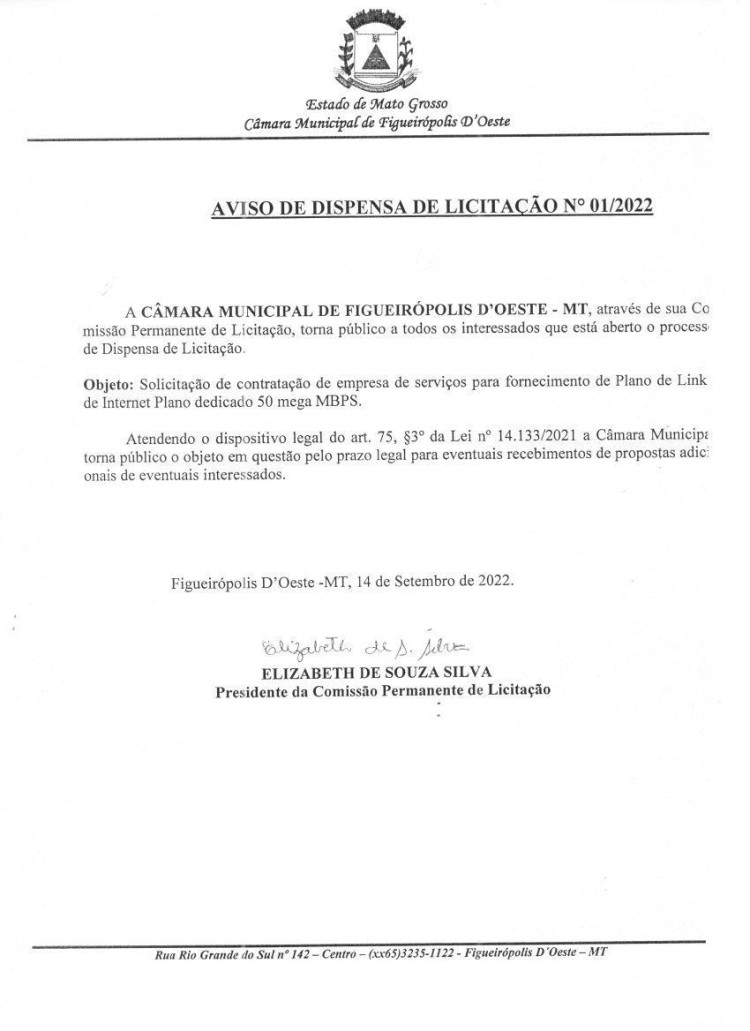 Aviso de Dispensa de Licitação N° 01 - 2022