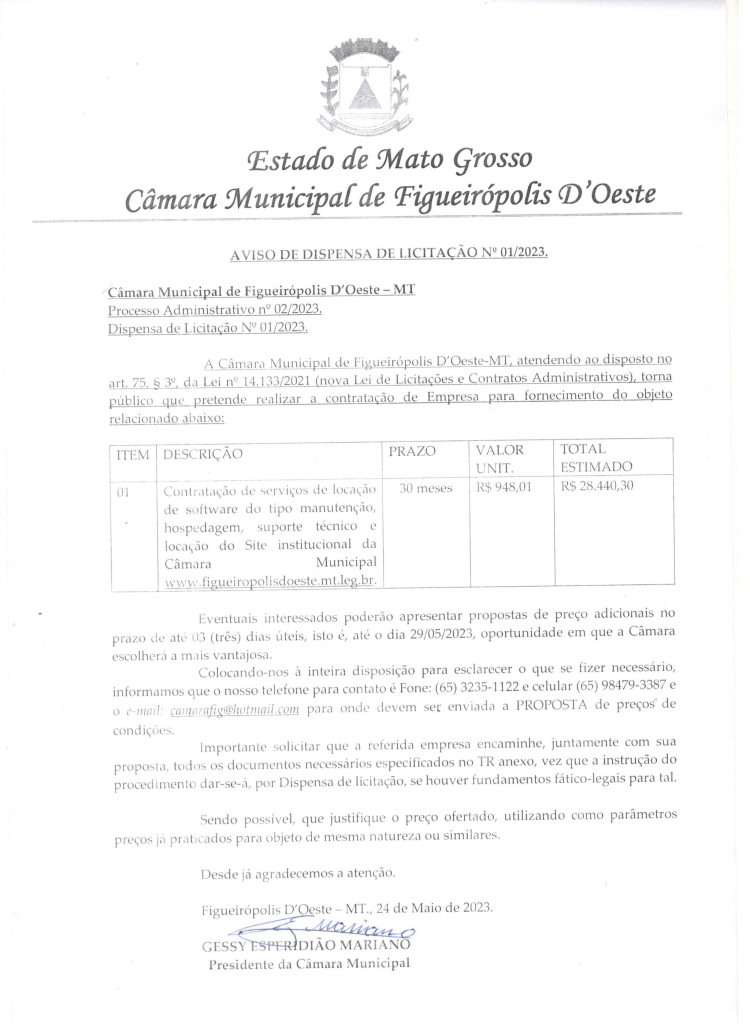 Aviso E O Termo De Referencia Sobre A Dispensa De Licitacao N 01 2023 E O 6537