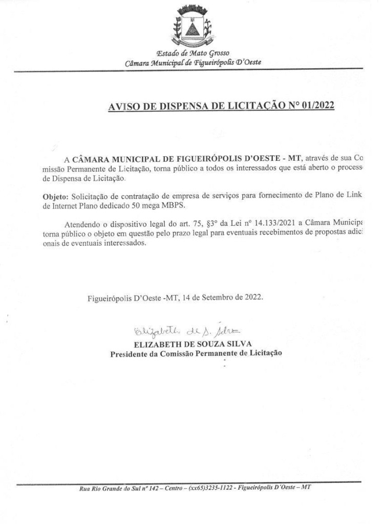 Aviso de Dispensa de Licitação N° 01 - 2022